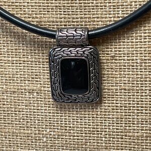 Black Square Cabochon Necklace Silvertone Frame 8"
